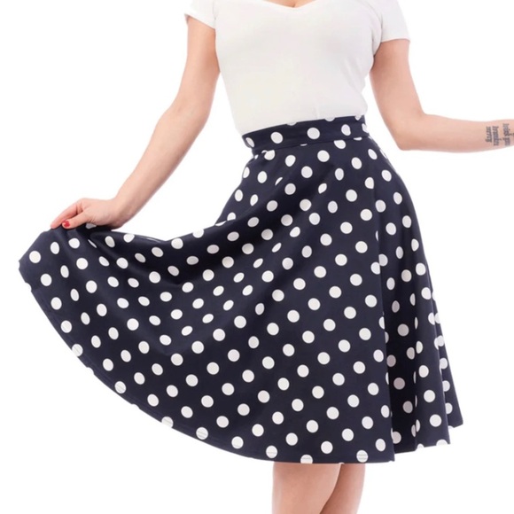 Navy and White Polka Dot Midi Full Circle Skirt - Picture 1 of 4